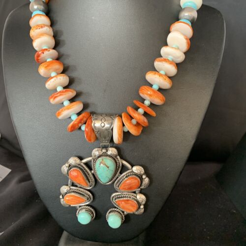 Orange Spiny Turquoise Naja Navajo Pendant Necklace | Sterling Silver | 30" | Authentic Native American Handmade | 14007