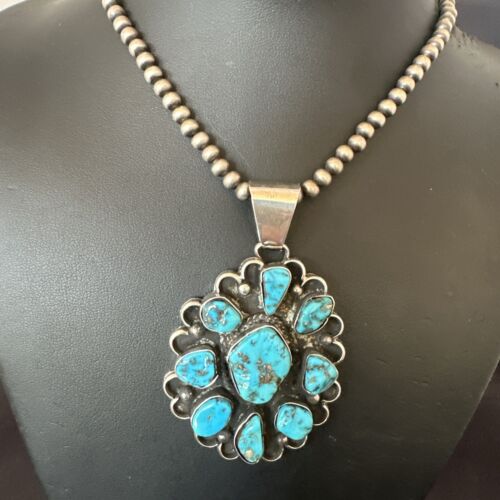 Navajo Blue Kingman Turquoise Cluster Pendant | Sterling Silver | 3" | Authentic Native American Handmade | 17417