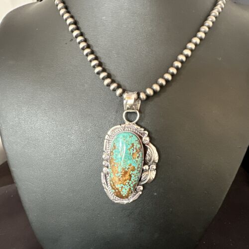 Navajo Blue Turquoise #8 Pendant | Sterling Silver Necklace with Pearls | Authentic Native American Handmade | 15903