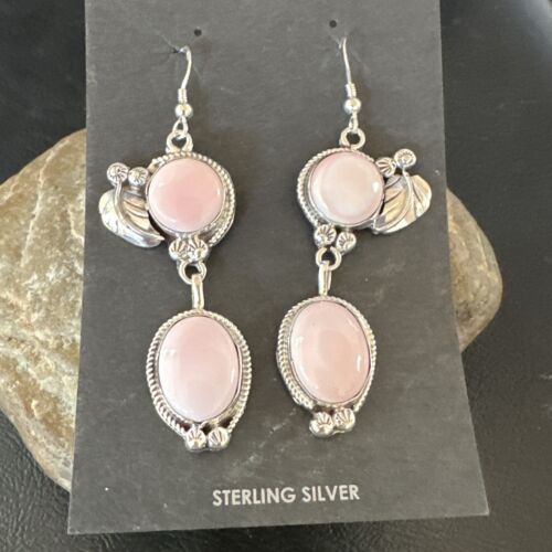 Navajo Pink Conch Shell Dangle Earrings | Sterling Silver | Authentic Native American Handmade | 17197