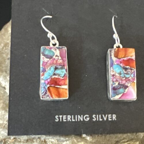 Navajo Blue Turquoise & Red Spiny Oyster Inlay Dangle Earrings | Sterling Silver | Native American Handmade | 15576