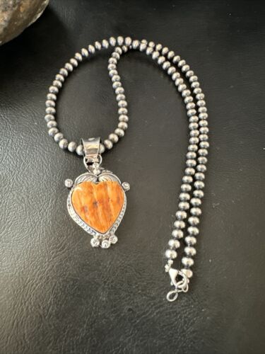 Navajo Orange Spiny Oyster Heart Pendant Necklace | Sterling Silver | Authentic Native American Handmade | 16415