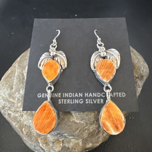 Navajo Orange Spiny Oyster Dangle Earrings | Sterling Silver | 1.5" | Authentic Native American Handmade | 16570