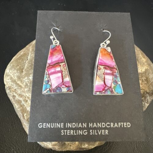 Navajo Blue Turquoise Purple Spiny Oyster Inlay Dangle Earrings | Sterling Silver | 15563