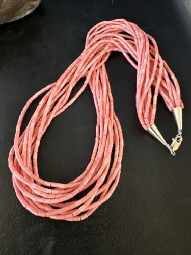 Pink Conch Tube Heishi Bead Necklace | 10 Strand Navajo Sterling Silver | 19" | 15086
