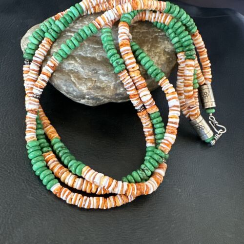 Navajo Green Turquoise Spiny Oyster Necklace | Sterling Silver | Authentic Native American Handmade | 17534