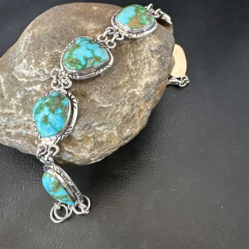 Navajo Green Sonoran Gold Turquoise 6-Stone Link Bracelet | Sterling Silver | Authentic Native American Handmade | 16373