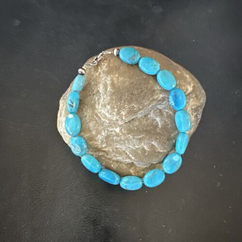 Women's Blue Turquoise Bead Bracelet | Southwestern Sterling Silver Link | 9" | 17229