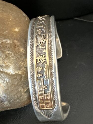 Navajo Sterling Silver Cuff Bracelet | 12K Gold Pueblo Stamped by V Hicks | Authentic Native American Handmade | 15989