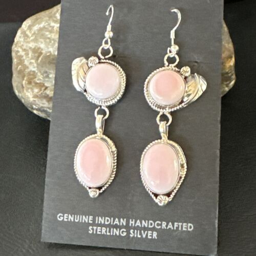 Navajo Pink Conch Shell Dangle Earrings | Sterling Silver | Authentic Native American Handmade | 17215