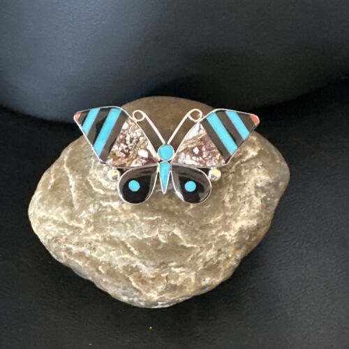 Zuni Butterfly Wild Horse Turquoise Onyx Inlay Pin Pendant | Sterling Silver | Authentic Native American Handmade | 15153