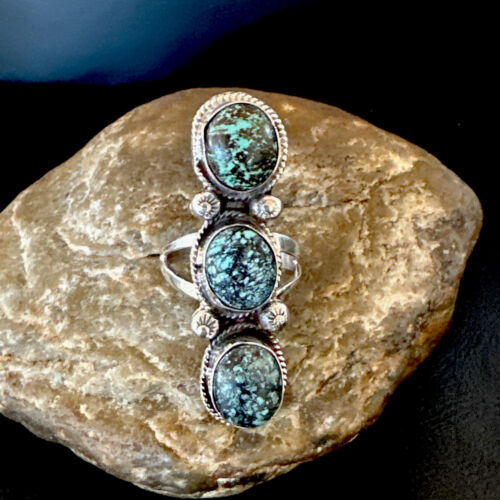 Navajo Blue Spiderweb Turquoise Multi-Stone Ring | Authentic Native American Sterling Silver | Sz 10 | 16712