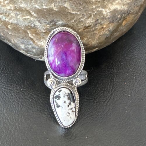 Navajo White Buffalo Turquoise Sugilite Ring | Authentic Native American Sterling Silver | Multi-Stone | Sz 9.5 | 16718