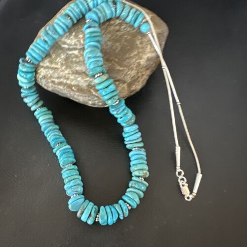 Men's Navajo Blue Turquoise Heishi Necklace | Sterling Silver | 24" | Authentic Native American Handmade | 15767