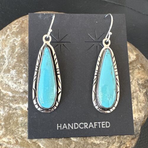 Navajo Blue Turquoise Dangle Earrings | Sterling Silver | Authentic Native American Handmade | 16511