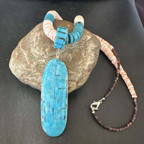 Santo Domingo Turquoise Spiny Oyster Inlay Pendant Necklace | Sterling Silver | 22" | 17437