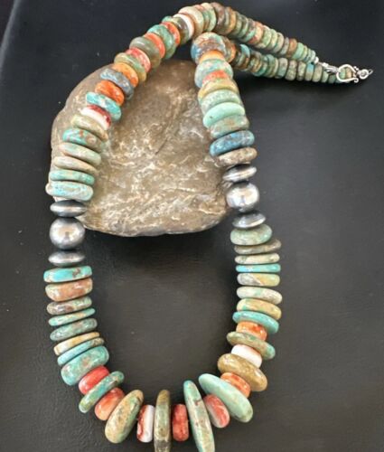 Royston Turquoise Spiny Graduated Navajo Pearls Necklace | Sterling Silver | Authentic Native American | 25" | 17003