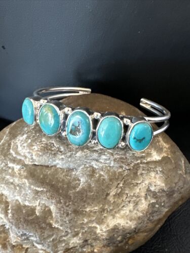 Women's Blue Turquoise 5-Stone Cuff Bracelet | Navajo Sterling Silver | Authentic Native American Jewelry | 16278