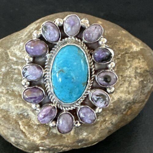 Navajo Kingman Turquoise Charoite Ring | Authentic Native American Sterling Silver | Multi-Stone | Sz 10.5 | 17180