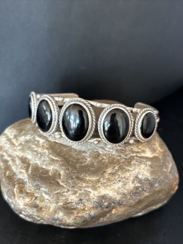Navajo Sterling Silver Cuff Bracelet | Black Onyx 5 Stone | Authentic Native American Handmade | 14519