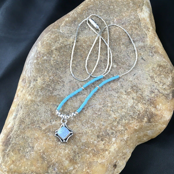 Children's Turquoise Beads Necklace with Opal Pendant Necklace | Sterling Silver | 18" | 10128