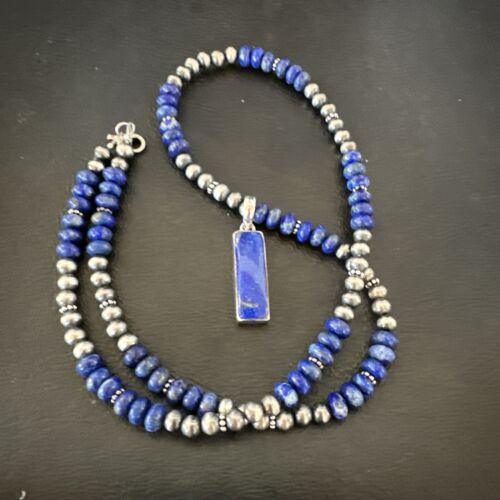 Navajo Blue Lapis Pendant with Pearls | Sterling Silver Necklace | Authentic Native American Handmade | 16934