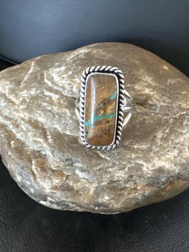 Navajo Ribbon Boulder Green Turquoise Ring | Sterling Silver | Sz 8 | Authentic Native American Handmade | 16384