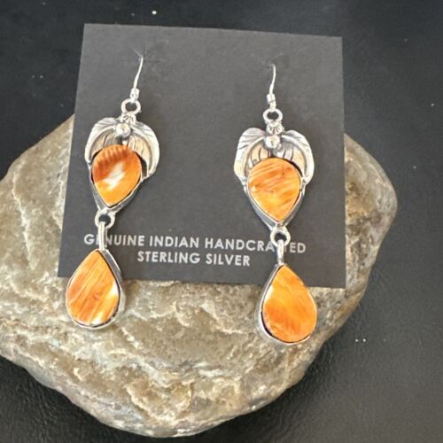 Navajo Orange Spiny Oyster Dangle Earrings | Sterling Silver | 1.5" | Authentic Native American Handmade | 16565