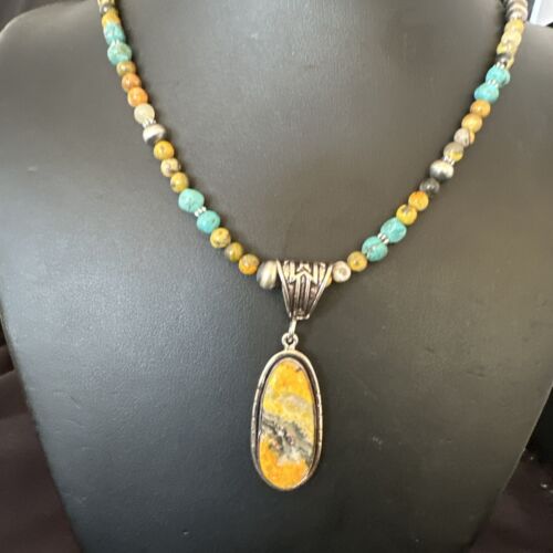 Navajo BumbleBee Jasper Pendant Necklace | Sterling Silver Pearls | Authentic Native American Handmade | 16879