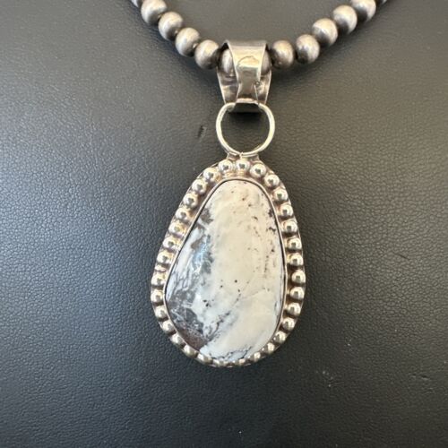 White Buffalo Turquoise Pendant | Navajo Pearls Sterling Silver Necklace | Authentic Native American Handmade | 17108