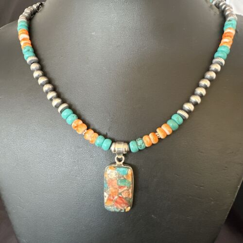 Navajo Spiny Turquoise Pendant Necklace | Sterling Silver | 21" | Authentic Native American Handmade | 17513