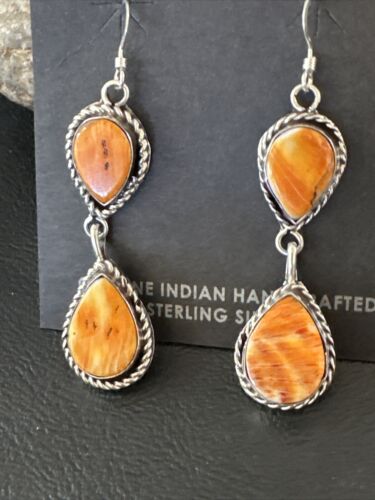 Navajo Orange Spiny Oyster Dangle Earrings | Sterling Silver | 1.5" | Authentic Native American Handmade | 16574