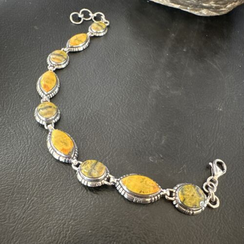 Navajo Bumblebee Jasper Link Bracelet | Sterling Silver | 8" | Authentic Native American Handmade | 16376