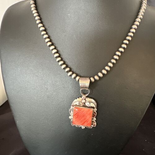 Navajo Red Spiny Oyster Pendant Necklace | Sterling Silver | Authentic Native American Handmade | 16143