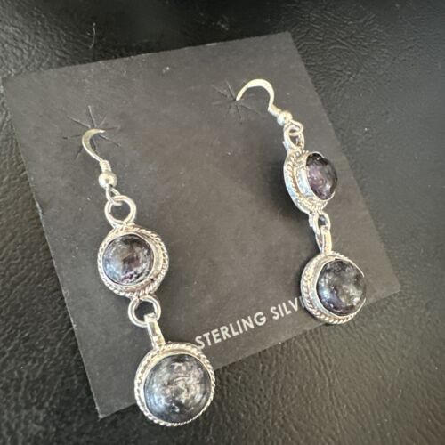 Navajo Purple Sugilite Dangle Earrings | Sterling Silver | 2" | Authentic Native American Handmade | 15695