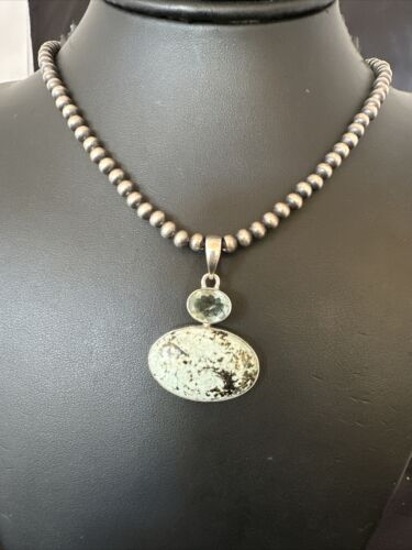 Navajo Dry Creek Turquoise Topaz Pendant Necklace | Sterling Silver | Authentic Native American Handmade | 16436