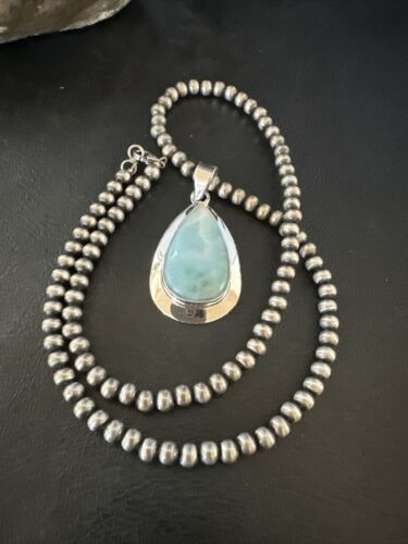 Navajo Blue Larimar Pendant Necklace | Sterling Silver Beads | Authentic Native American Handmade | 17566