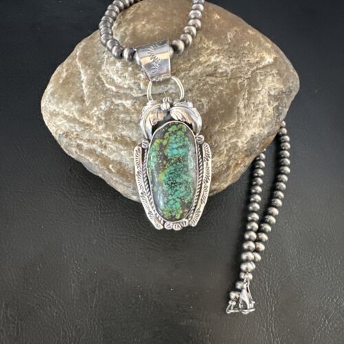 Navajo Blue Spiderweb Turquoise Pendant Necklace | Sterling Silver Pearls | Authentic Native American Handmade | 15094