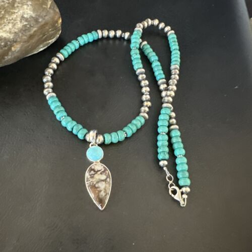 Navajo Wild Horse | Blue Kingman Turquoise Pendant Necklace | Sterling Silver | Authentic Native American Handmade | 17574