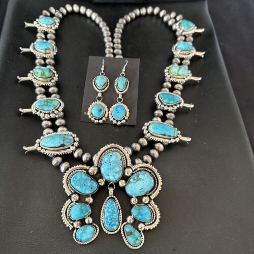 Navajo Ultra Rare Sonoran Mountain Blue Turquoise Squash Blossom Necklace Set | Sterling Silver | 17209