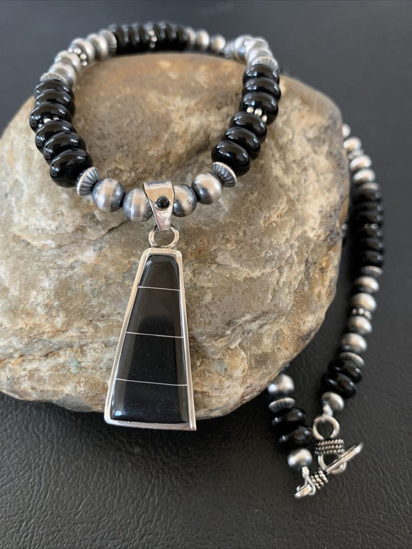 Navajo Black Onyx Bead Inlay Pendant Necklace | Sterling Silver | Native American Handmade | 01939