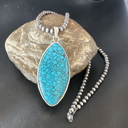 Men's Navajo Blue Spiderweb Turquoise Pendant Necklace | Sterling Silver | Authentic Native American Handmade | 16210