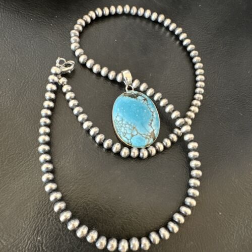 Men's Navajo Blue Spiderweb Turquoise Pendant Necklace | Sterling Silver | Authentic Native American Handmade | 16300
