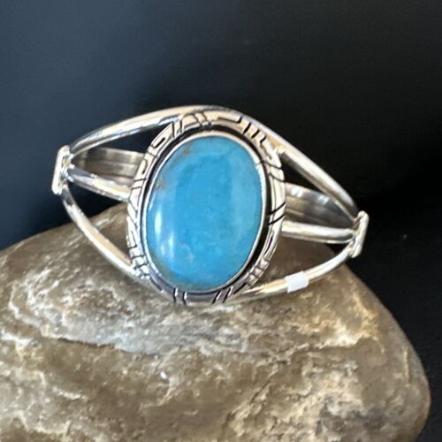 Navajo Blue Kingman Turquoise Cuff Bracelet | Sterling Silver | Authentic Native American Handmade | 16247