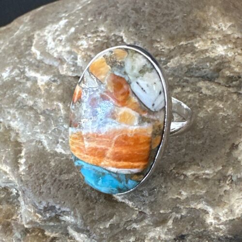 Navajo Blue Turquoise Orange Spiny Oyster Ring | Sterling Silver | Sz 8 | Authentic Native American Handmade | 16621