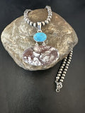 Navajo Wild Horse | Blue Kingman Turquoise Necklace | Sterling Silver | Authentic Native American Handmade | 17307