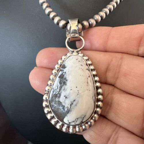 White Buffalo Turquoise Pendant | Navajo Pearls Sterling Silver Necklace | Authentic Native American Handmade | 17108