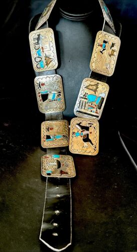 Ultra Rare Zuni Sun Face Inlay Belt | Turquoise Onyx | Sterling Silver | 40" | 17406
