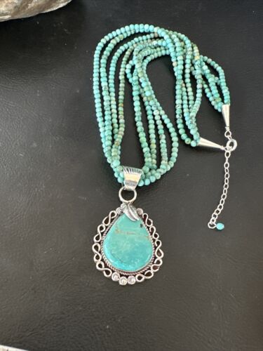 Blue Turquoise Pendant | Navajo Pearls | Sterling Silver Bead Necklace 17" | Multi-Strand | 15993