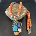 Navajo Blue Turquoise Spiny Oyster Pendant | Sterling Silver Bead Necklace | Multi-Stone | 15058